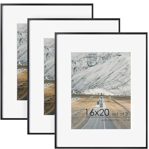 FLYJOE 16x20 Metal Picture Frame For Wall With Mat For 11x14, 16''x20'' Aluminum Photo Frames With Tempered Glass, Minimalist Modern Poster Frame Horizontally Vertically Set of 3, Black