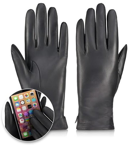 BETLEWSKI - Damen Handschuhe aus Schafsleder gefüttert - Warme Winter Lederhandschuhe für Damen in Schwarz mit Wollfutter - Winterhandschuhe für Touchscreens - Modell Sophia iTouch - S