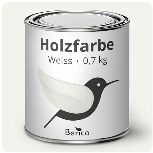 Berico Holzfarbe - Weiss - 0,7 Kg - 4in1 Premium Holzlack inkl. Grundierung & Decklack - Für Innen und Außen - Robust & Wetterfest