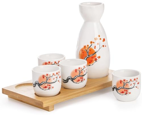 Tosnail Juego de sake japonés de cerámica, 1 jarra para servir, 4 tazas de sake y 1 bandeja de bambú, flor de naranja
