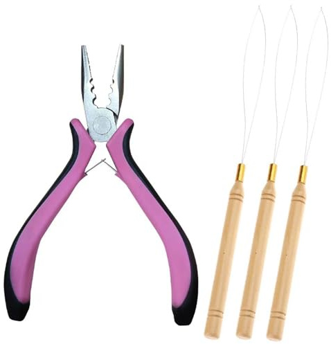 Set of 4 Hair Extension Pliers & Pulling Loop Tool Professional Hair Extensions Tool Kit for Micro and Nano Extensions Rings Hair Extensions