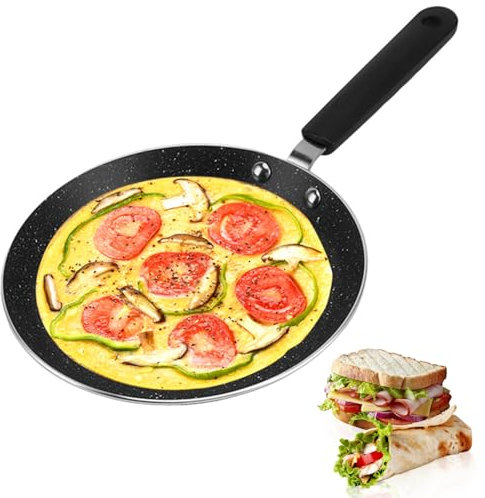 Tissting Padella per Crepes, 25cm Antiaderente Crepe Pan Alluminio Piastra Dosa per Pancake Antiaderente con Manico in Plastica, Padella Piatta Rotonda per Piano Cottura a Gas a Induzione