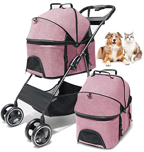 PJDDP Hundebuggy Hundewagen Vierrädrige Buggy Bis 15Kg,Hundebox Transporttasche Faltbar Klappbar Für Kleine Hunde Und Katzen Haustierwagen Pet Stroller Katzenbuggy Mit Aufbewahrungskorb,Rosa
