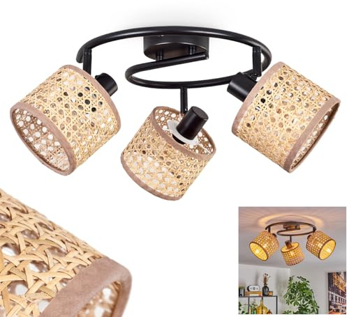 HOFSTEIN Deckenleuchte Bongal, verstellbare Deckenlampe aus Metall/Rattan/Wienergelfecht in Schwarz/Natur/Beige, Leuchte im Boho-Design (Ø Schirme 12 cm), 3 x E14, Wohnzimmer, Esszimmer, Schlafzimmer
