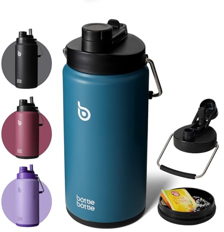 BOTTLE BOTTLE Insulated Water Bottle 64 oz with Straw and Dual-use Lid Half Gallon Water Jug Vacuum Stainless Steel for Workout and Sports Insulated Beer Growler with Handle Lake blue