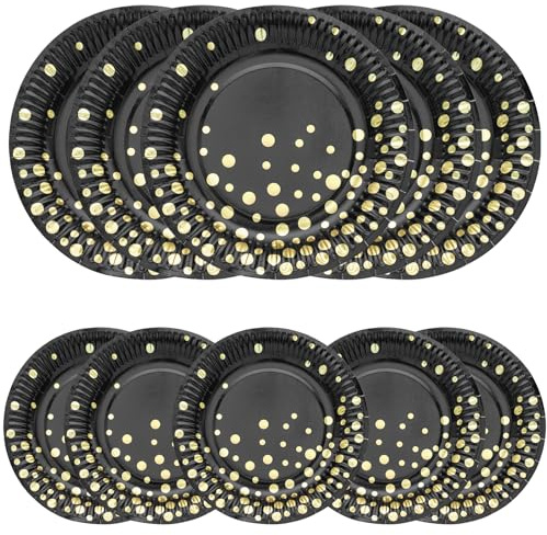 HNH Partyteller Pappteller 50er Set Schwarz mit Goldfolie Gepunktet 23cm Papierteller mit 18cm DesserttellerPartygeschirr Tischdeko für Party, Veranstaltung