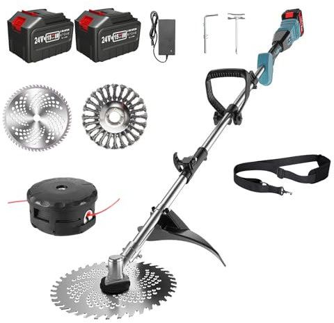 Desbrozadora con batería y cargador, 3 en 1 con 2 baterías de 4,0 Ah, desbrozadora de 18 V con cepillo para malas hierbas, diámetro de corte de 23 cm y barra extraíble, para recortadora de jardín
