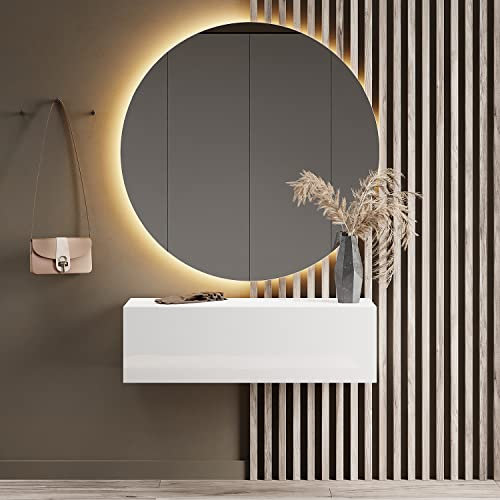 Planetmöbel Flurgarderobe 1x 100 cm inkl. Spiegel rund mit Beleuchtung 100 cm, Weiß, Flur Möbel mit Spiegel, 37,8T x 100B x 32,5H cm