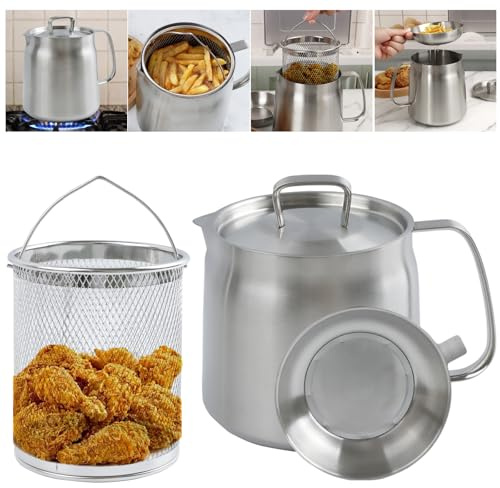 50oz 304 Stainless Steel Oil Filter Pot, Heavy Duty Bacon Grease Container & Deep Fryer Basket, Large Capacity Multi-function Oil Filter Vessel with Strainer for Kitchen Storing Frying Cooking Grease