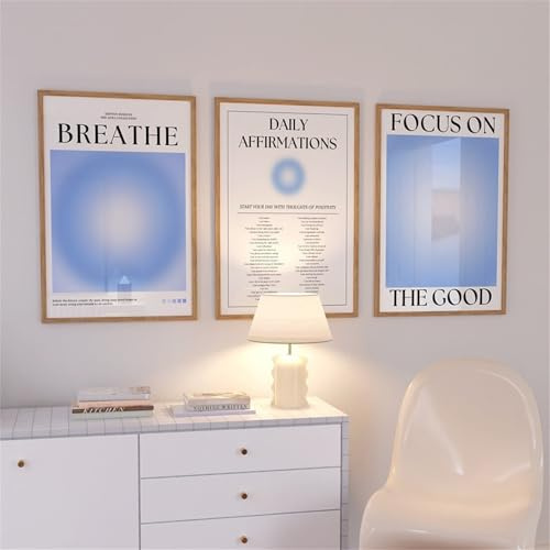 Uixxducc 3er Blau Farbverlauf Aura Poster Set, Aura Poster Set Bilder, Wandkunst Leinwand Inspirierende Zitate Wandgemälde für Schlafzimmer, Büro (50x70cm)