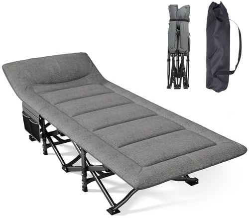 Mopaicot Camping Cot, Folding Cot Bed for Adults with Built-in Mattress and Pillow, Portable Outdoor Sleeping Cot for Camping and Travel, with Carry Bag, Grey, Max Load 450 LBS