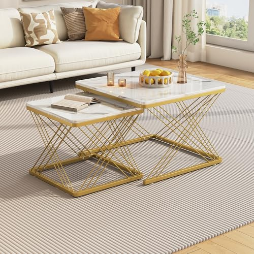 Montary Couchtisch Quadratisch 2er Set, 60 x 60 x 45 cm & 45 x 45 x 40 cm, Hochglanz-Marmoroptik, Höhenverstellbare Füße, Bis 30 kg Belastbar, Nesting-Kombination