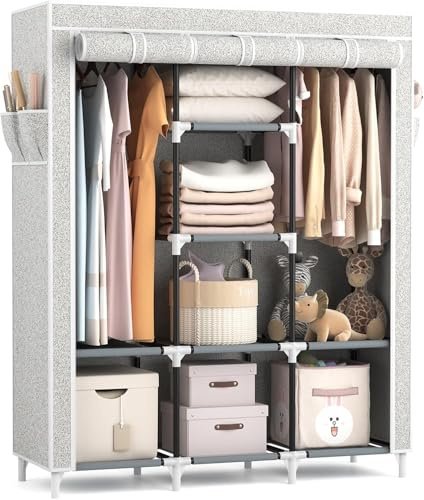 Vicye Kleiderschrank, Stoffschrank Groß mit 2 Kleiderstange und 8 Ablagen, Faltbarer Kleiderschränke mit Überzug, Tragbarer Garderobenschrank für Ankleidezimmer Schlafzimmer (print, 124 x 42 x 162 cm)