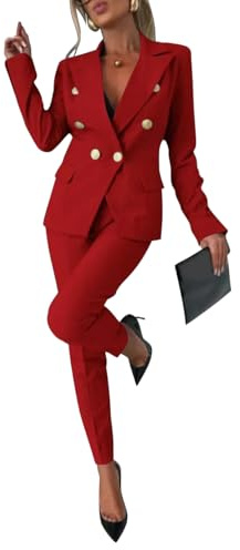 shownicer Damen Hosenanzug Elegant Business Anzug Set Revers Büro Langarm Anzugjacke Blazer Hose Zweiteiler Anzug 2-teilig Slim Fit Festlich Streetwear Damenanzug A Rot XS
