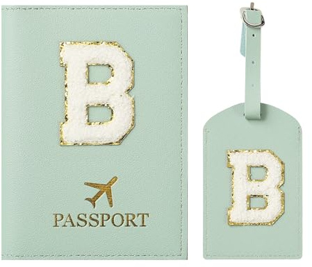 ZVRSUA Reisepasshülle und Kofferanhänger mit Buchstabe B,Passport Hülle, Hülle Reisepass,Ausweismappe, der Pass, Kofferanhänger für Kreuzfahrten und Flugreise,Geschenk für Damen/Teenager/Kind(Grün B)