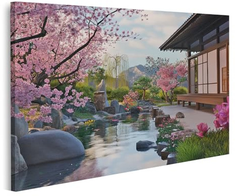 islandburner Cuadro sobre lienzo Casa tradicional japonesa con flores de cerezo para sala de estar amantes de la tienda de té cuadros cuadros murales póster
