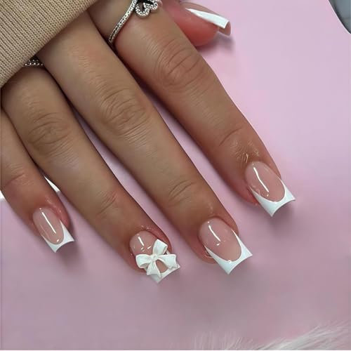 TANSAR 24 Stück Press on Nails, Kurz Pink French Fake Nails Weiß Tip, Künstliche Nägel mit Schleife für Frauen