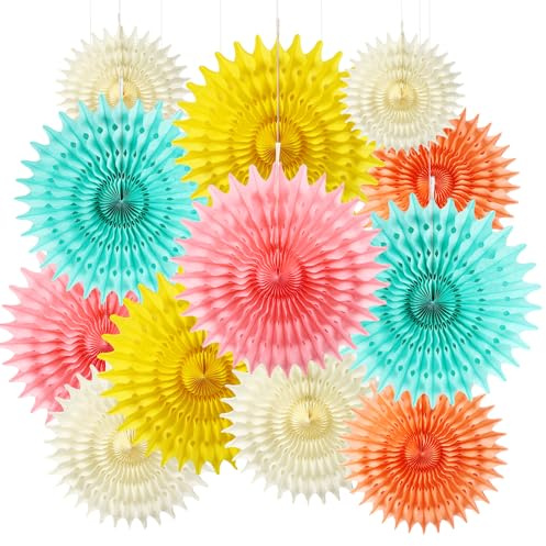 BestoFun 12 Stück Bunt Papier Fächer Set Beige PomPoms Tissue Blumen Grün Rosa Hängende Blumen Girlande Gelb Pfirsich Papier Fächer Dekoration für Partydeko Kinder Geburtstagsdeko Hochzeit Baby Shower