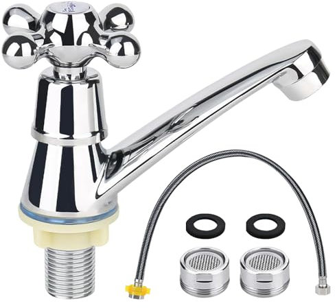 SGZIOO Kaltwasserhahn Gäste Wc, Wasserhahn Kaltwasser mit 58cm Anschlussschlauch, 2 Filterelement, Verchromen Wasserhahn Bad, Kaltwasser Armaturen für Waschbecken Badezimmer Küche Badezimmern