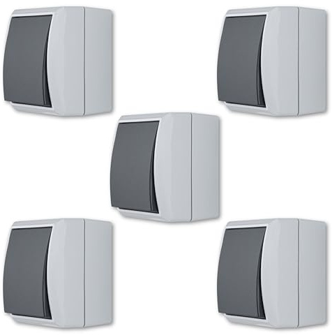 REV AquaForm Economy Set - 5 x Buttons - Rocker Switch, Wet Room IP44, Surface-Mounted Push Switch, Grey