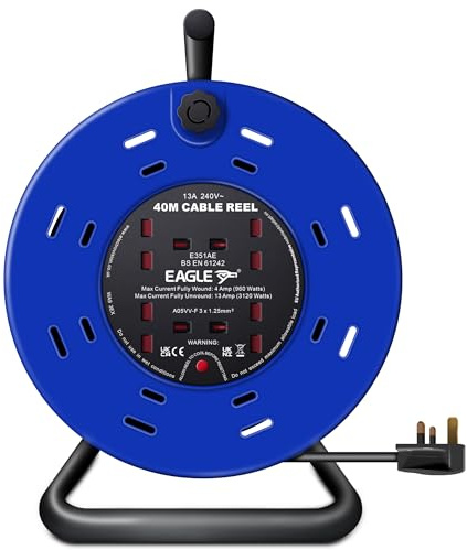 Eagle 4 x UK Plug Socket Extension Reel with A Frame Metal Holder, Restable Thermal Safety Cut Out Protection, Cushioned Easy Hold Handle, Winding Handle, UK Plug. Extending Extension Lead 13 Amps 40m