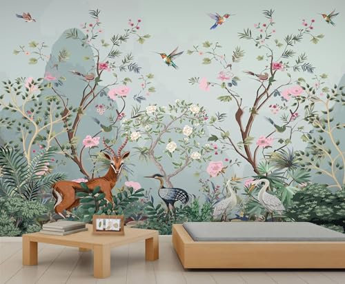 Tropical Landscape Mural Vintage Florals Wallpaper Mural Wild Rainforest Animals Wall Murals Jungle Theme Bird Wall Art for Living Room Kids Room 250 x 175 cm