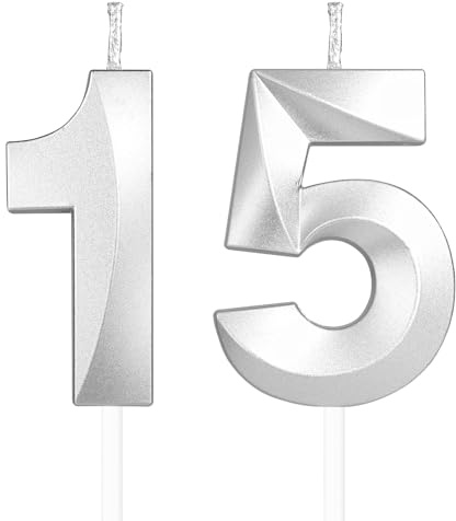 Decorazione per torte 3D Candela numero 15, Candele in Argento profondo,Candele di compleanno,Candele con numeri da 5cm,matrimoni,anniversari, decorazioni per torte di compleanno ﻿