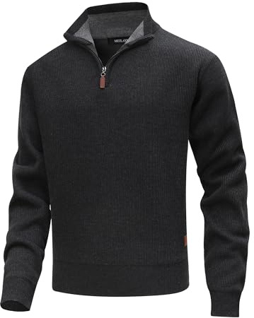 MeiLayM Herr halv dragkedja stickad tröja polokrage stickade tröjor slim fit långärmad pullover stående krage vinter varma stickade toppar, Grå, M