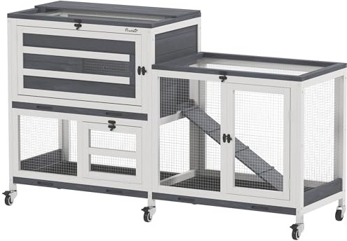 PawHut Clapier à Lapins intérieur à 2 Niveaux avec roulettes, 2 Plateaux ouvrants, 3 bacs en Plastique, Cage Lapin en Bois pour 2 à 3 Lapins, cochons d'Inde, 147 x 45 x 89,5 cm, Gris