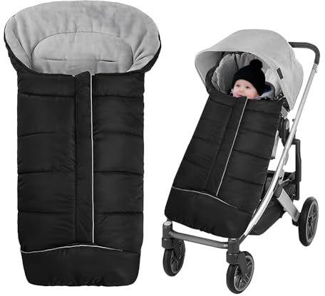 Gobesty Fußsack Kinderwagen Winter, Universal Baby Fußsack, Winterfußsack Kinderwagen mit Reißverschluss und Kordelzug Kapuze, Wasserdichter Winddicht Warmes Winterfußsack Babyschale (Schwarz)
