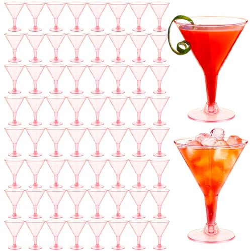 50 Pack Plastic Martini Glasses,7 oz Clear Disposable Cocktail Cups,Reusable Tall Stemmed Wine Shooter Glasses for Party Wine,Champagne,Margarita(Pink)