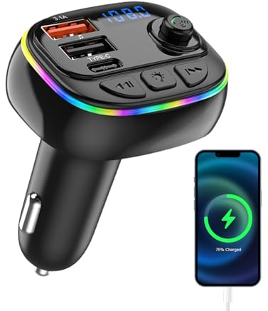 Transmisor FM Bluetooṫh - Kit Manos Libres para Coche | Cargador de Mechero | Adaptador de Radio y Reproductor MP3, Carga Rápida de 3A, Conexión Inalámbrica para Streaming de Música y Llamadas