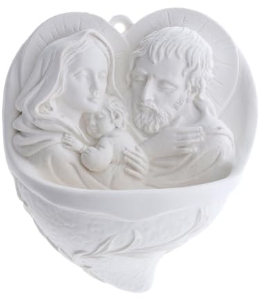 SHALOM - Acquasantiera Cuore Sacra Famiglia in Resina Bianca. Altezza 12 Cm