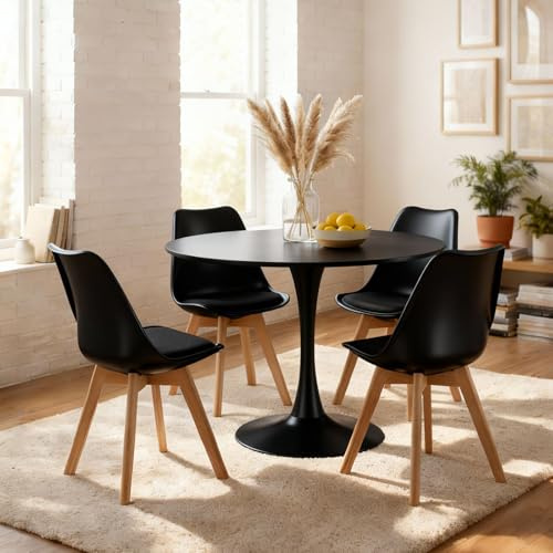 IDIMEX Essgruppe Loire mit rundem Tisch und 4 Stühlen, Schwarz - Esszimmermöbel Set, Kleiner Tisch 100 cm, Schalenstühle im skandi Stil, ideal für Küche