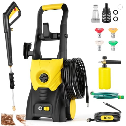 2500W Idropulitrice Professionale, Max 200 Bar, con Schiuma, 4 Ugelli e Tubo 10m, Portata di Pulizia di 500L/H,per Auto, Patio, Vialetti, Recinzioni, Pavimenti, Colore Giallo