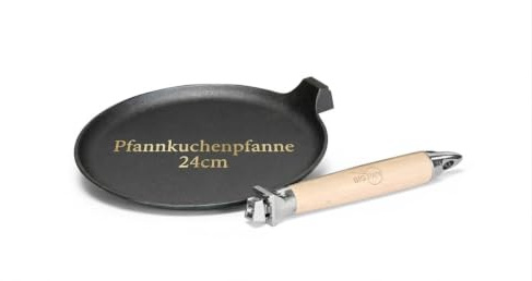 Pannkakspanna i gjutjärn, Ø 24 cm, för induktion, avtagbart trähandtag, obehandlad gjutjärnspanna, förinbränd crêpepanna