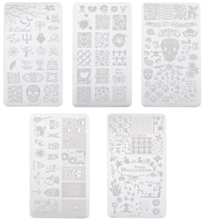 Toddmomy 5pcs Plaques de Stamping en Acier Inoxydable pour Ongles, Gabarits à Ongles D'halloween Images Nettes et Transfert Propre pour Manucure Salon Plusieurs styles