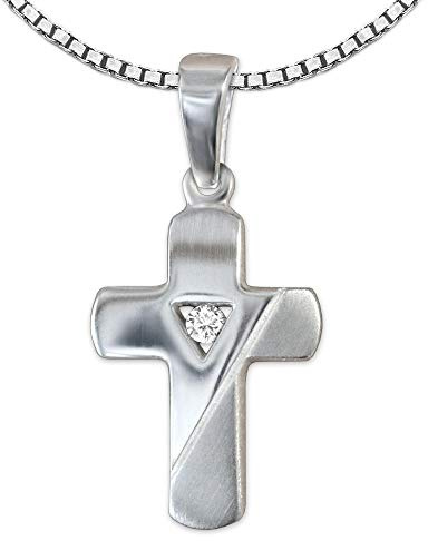 CLEVER SCHMUCK Set Silberner Anhänger Mini Kreuz 15 mm quer matt und glänzend mit einem Spannzirkonia mittig dreieckig gefasst sowie Kette Venezia 38 cm STERLING SILBER 925 im Etui sand