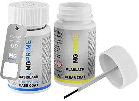 MG PRIME Autolack Lackstift für KIA UD Clear White/Schneeweiss + Klarlack | Set aus Basislack + Klarlack, Lackfläschchen mit Pinsel, je 50ml