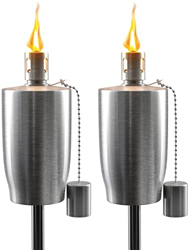 Matney Edelstahl Tiki Fackeln - 1,5m Outdoor Ölfackel Lampe für Citronella - Garten, Rasen, Hinterhofpartys - Inklusive Fiberglasdocht und Löschkappe - 2er Set (Silber Fackel Set - Fass)