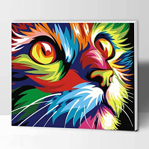 KOMKING DIY Paint by Numbers for Kids and Adults with Frame, Acrylic Painting Paint by Number Kits on Canvas, Colorful Cat 12 x16inch