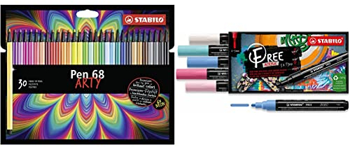 STABILO-Premium-Filzstift-Pen 68-ARTY-30er Pack-mit 30 verschiedenen Farben + Acrylmarker-FREE Acrylic-T300 Rundspitze 2-3mm-Candy-5er Pack-mit 5 verschiedenen Farben