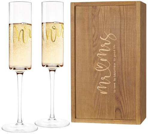 AW BRIDAL Mr and Mrs Champagne Flutes Set of 2, Engagement Bridal Shower Gifts for Couple Newlyweds, Wedding Anniversary Toasting Glasses with Wooden Box for Bride Groom