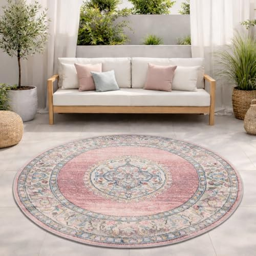 the carpet Palma - Outdoor Teppich wetterfest – Balkon Teppich, Terrasse & Garten – UV-beständig, pflegeleicht, Indoor Outdoor Teppich, Rosa, 120 cm Rund