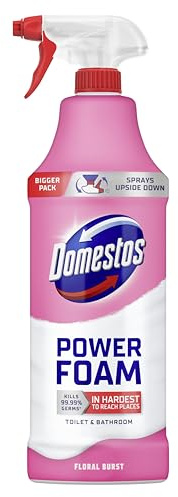 Domestos Power Foam Floral Burst Toilet & Bathroom Cleaner Spray sprays upside down & eliminates 99.99% of germs* for cleaning inside the toilet & around the bathroom 650 ml