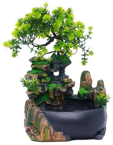 HINOPY Inomhusfontän, 220 V mini bordsfontän vattenfall grön växt fontän sten trädgård harts skrivbord fontän inomhus vattenfall gåva dekoration för Zen meditation hemmakontor, 28 x 20 x 15 cm