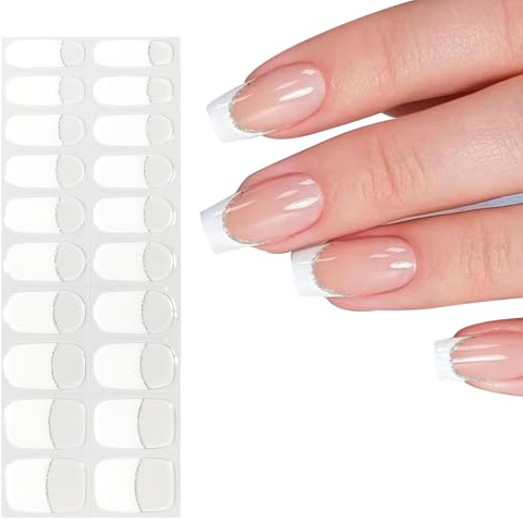 Auiremrti 20 Stück French Halbgehärtete Gel-Nagelstreifen,Weiße Gel-Nagelaufkleber mit Transparenter Basis,UV-Licht Erforderlich Gel-Nagelverpackungen,Weiß