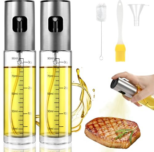 OFFCUP Ölsprüher zum Kochen, 2 Stück Öl Sprühflasche Glas, 100ml Sprühflasche Öl Sprayer Durchsichtige Ölsprüher Flasche mit Skala, Olivenölsprüher Ölspray zum Kochen, Grillen, Salate