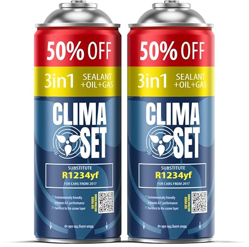 ClimaSet 3in1 R1234yf Kältemittel Ersatzgas - Kühlmittel Klima Auto mit Klima Dichtmittel und Öl - Gasflasche 2x235 g - Auto Klimaanlage Nachfüllset - Klimaanlage Wohnmobil - ECO
