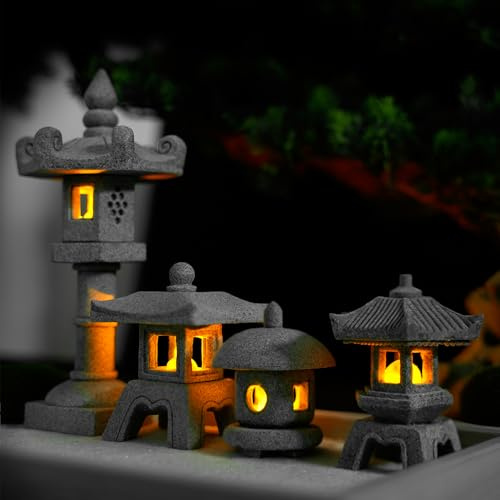 YAIUNHIQ 4 Pezzi Lanterna Pagoda Giapponese Mini Statua Ornamenti da Meditazione da Giardino Zen per Decorazione Bonsai da Giardino Patio Micro Paesaggio